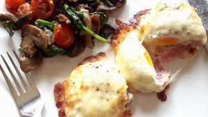  Baked Eggs with Mozzarella and Bacon and a Warm Spicy Mushroom Salad